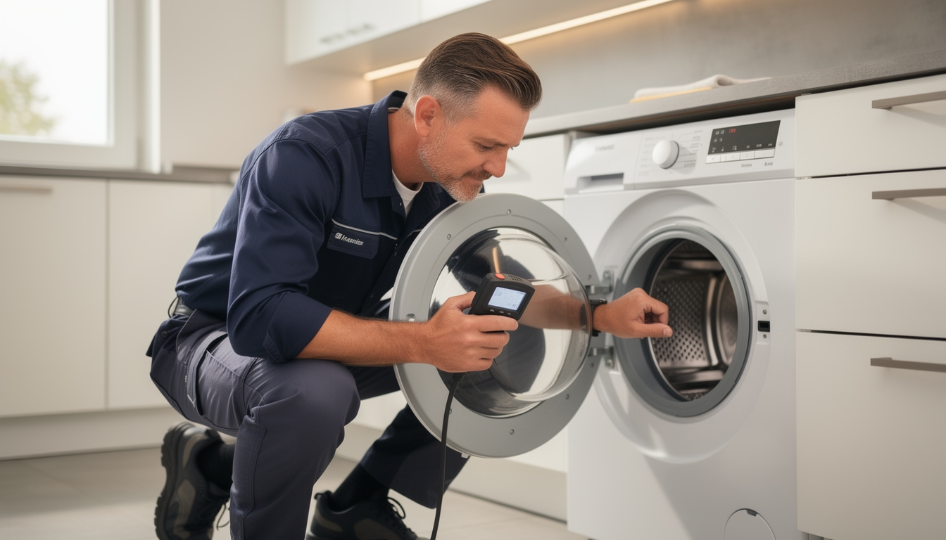 Techniker bei der Reparatur einer Waschmaschine beim Kunden zu Hause