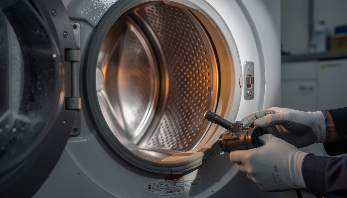 Nahaufnahme einer geöffneten Waschmaschine bei der technischen Diagnose